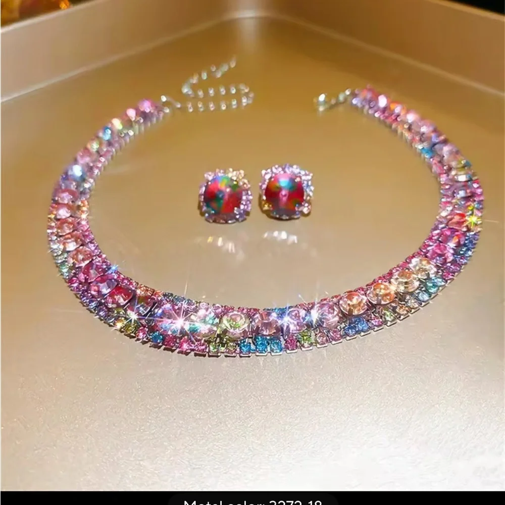 Sparkling Multicolor Rhinestone Necklace and Earring Set - Picture 3 of 9